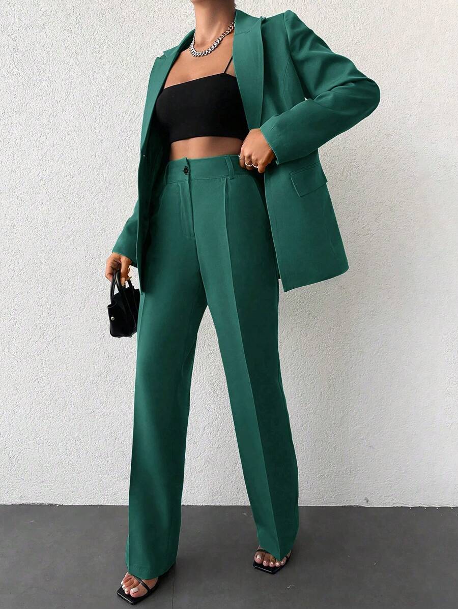 EURMUSE Solid Color Lapel Collar Suit Set - Dark Green - View 1