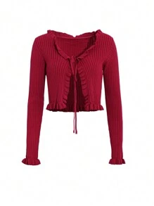 Joudiya 女士情人节荷叶边红色开衫，秋装 - 紅色 - 查看 9