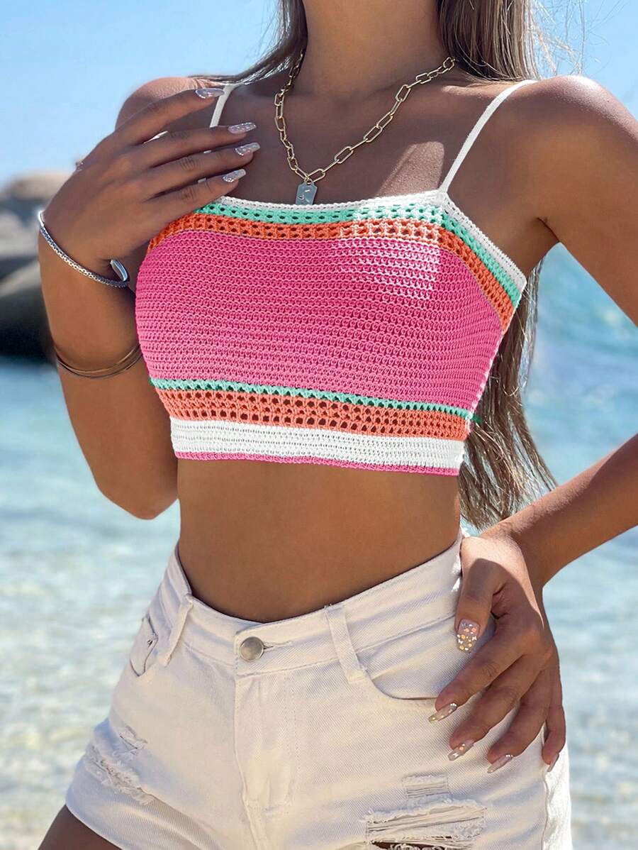 Breezaya Women Contrast Color Holiday Cropped Strap Knit Top - Multicolor - View 1