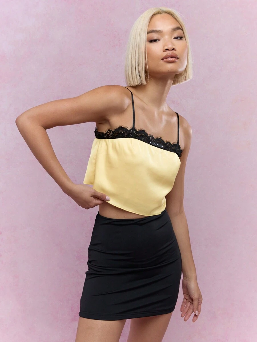 MISSGUIDED 对比色蕾丝缎面短款吊带背心 - 黃色 - 查看 1