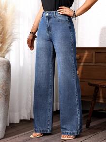 SHEIN LUNE Women Pocket Straight Loose Casual Versatile Jeans - Medium Wash - View 3