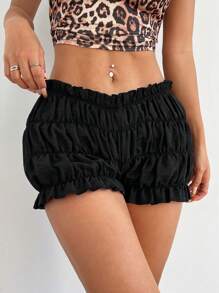SHEIN EZwear Women Solid Color Simple Daily Lantern Shorts With Ruffle Hem Decoration - Black - View 4