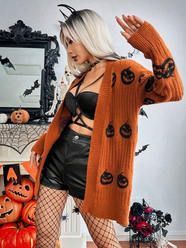 Chiquease Cárdigan casual de manga larga con estampado de calabaza, ropa de Halloween para mujer, blusas de manga larga