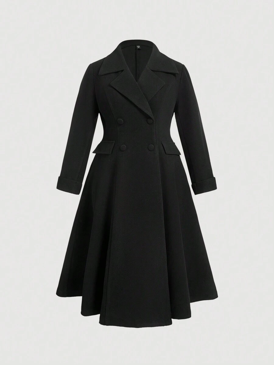 Flirla Plus Size Autumn/Winter Casual Solid Color Lapel Double Breasted Coat - Black - View 1