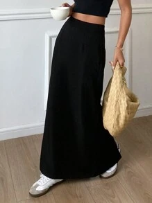 Livesso Falda negra ajustada con abertura larga de unicolor para mujer, ropa de otoño