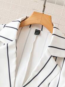 Chiquease 女士条纹印花单排扣长袖西装外套和口袋裤优雅套装 - 黑與白 - 查看 3