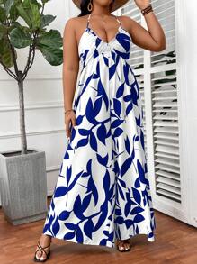 SHEIN VCAY 大码波西米亚风挂脖系带阔腿连体裤，适合夏季 - 藏蓝色 - 查看 6