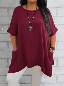 EMERY ROSE Áo thun nữ cổ tròn tay ngắn màu đỏ mùa hè cỡ lớn, rộng rãi, thoải mái, có hai túi, dành cho mẹ - Màu Đỏ Sâu - Xem 3