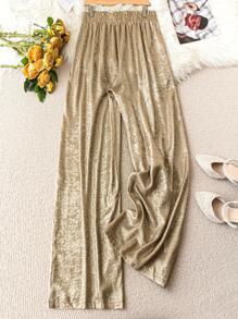 SHEIN LUNE Pantalones casuales holgados de pierna ancha y cintura con volantes de talla grande para mujer, en color dorado, para fiestas y celebraciones de Año Nuevo