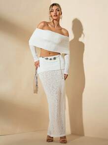 SHEIN BAE 2 pièces Ensemble top court et jupe d'épaules dénudées élégant unicolore d'été pour femmes