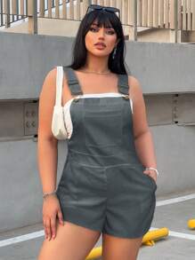 SHEIN Unity Plus Size Women Summer Solid Color Pocket Casual Overalls Shorts - Grey - View 5