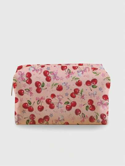 Kawaii Sac à cosmétiques en velours octogonal à motif de cerise