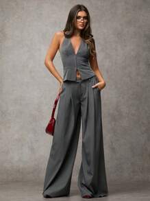 SHEIN BAE Women V-Neck Tied Neck Solid Color Casual Blazer Jacket Striped Suit Top Office Siren Old Money Style Teacher Outfits Fall Wear - Grey - View 7