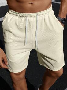 Manfinity Homme Men Solid Color Jacquard Knit Elastic Waist Shorts - Beige - View 2