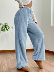 Muchica Women's Solid Color High Waist Drawstring Fluffy Wide Leg Loose Pants - Blue - View 6