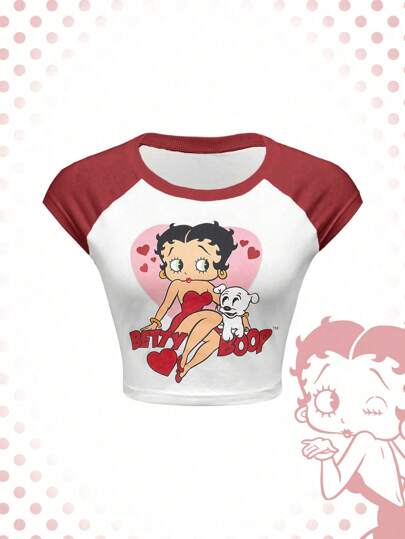 Betty Boop | ROMWE Casual Cartoon Character & Letter Print Contrast Color Raglan Sleeve Cropped T-Shirt, Summer, School