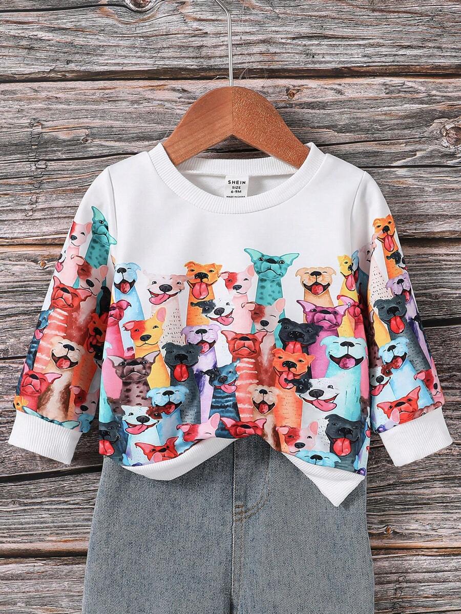 Felpa per bambini maschi con stampa del volto di un simpatico cane, design casual