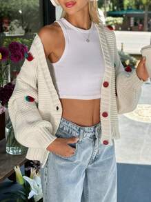 EURMUSE Women Handmade Strawberry Accessory Front Button Drop Shoulder Cardigan - Dusty Pink - View 5