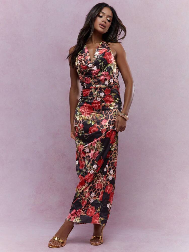 Satin Floral Printed Plunge Cowl Halter Neck Backless Maxi Dress MISSGUIDED