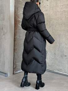 EURMUSE Crossover Quilted Hooded Puffer Women's Long Down Coat - Black - View 2