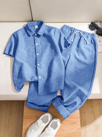 2pcs Tween Boy Casual Loose Solid Color Polo Collar Short Sleeve Shirt And Pants Set