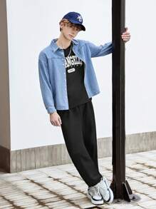 SHEIN 2 件青少年男孩休闲套装，纯色长袖衬衫，字母印花短袖 T 恤和裤子，春夏 - 彩色 - 查看 7