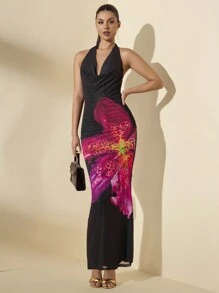 SHEIN BAE Women Summer Floral Print Swing Neck Slim Fit Draped Neck Tie Long Elegant Dress
