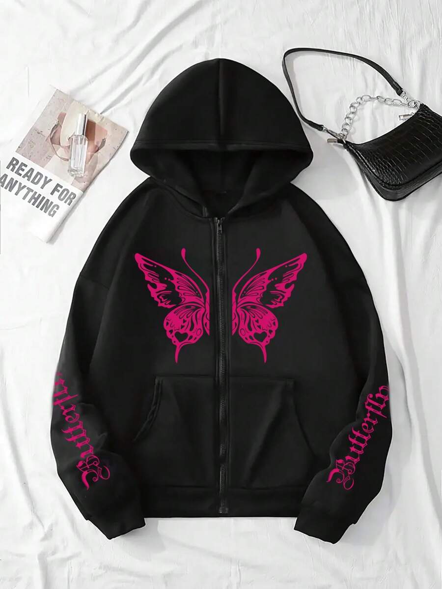 INAWLY Plus Size Butterfly Print Zip Up Hoodie, Fashionable Loose And Comfortable Streetwear, For Winter Graduation,Back To School Outfits,Graduation,Teacher Outfits For Women,Back To School Pullover Fall Outfit Autumn
