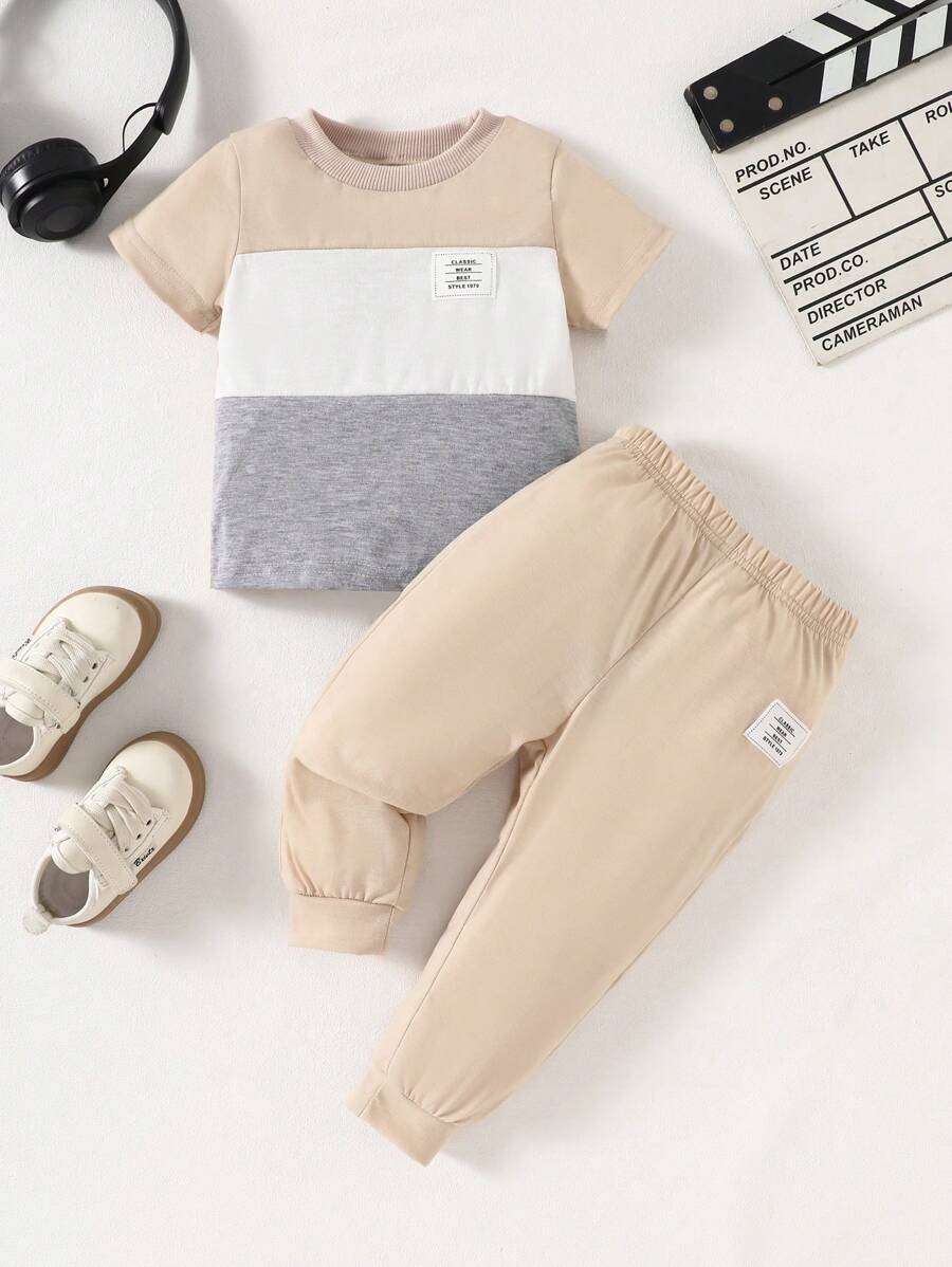 Baby Boy Multicolor Stitching Casual Versatile Short-Sleeved Trousers Suit - Apricot - View 1
