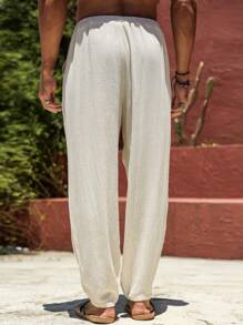 Manfinity RSRT Pantalones de lino lisos y casuales de color blanco con cordón para hombre, pantalones holgados y afinados para vacaciones largas, para papá y esposo, regalos para novio, para otoño - Beis - Ver 2