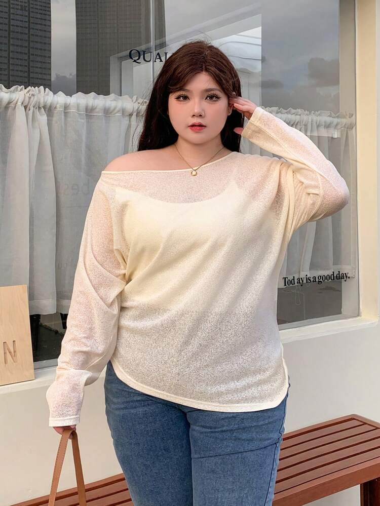 Dazy Plus Plus Size Solid Color Asymmetric Shoulder T-Shirt Sheer Long Sleeve Women Tops Off The Shoulder