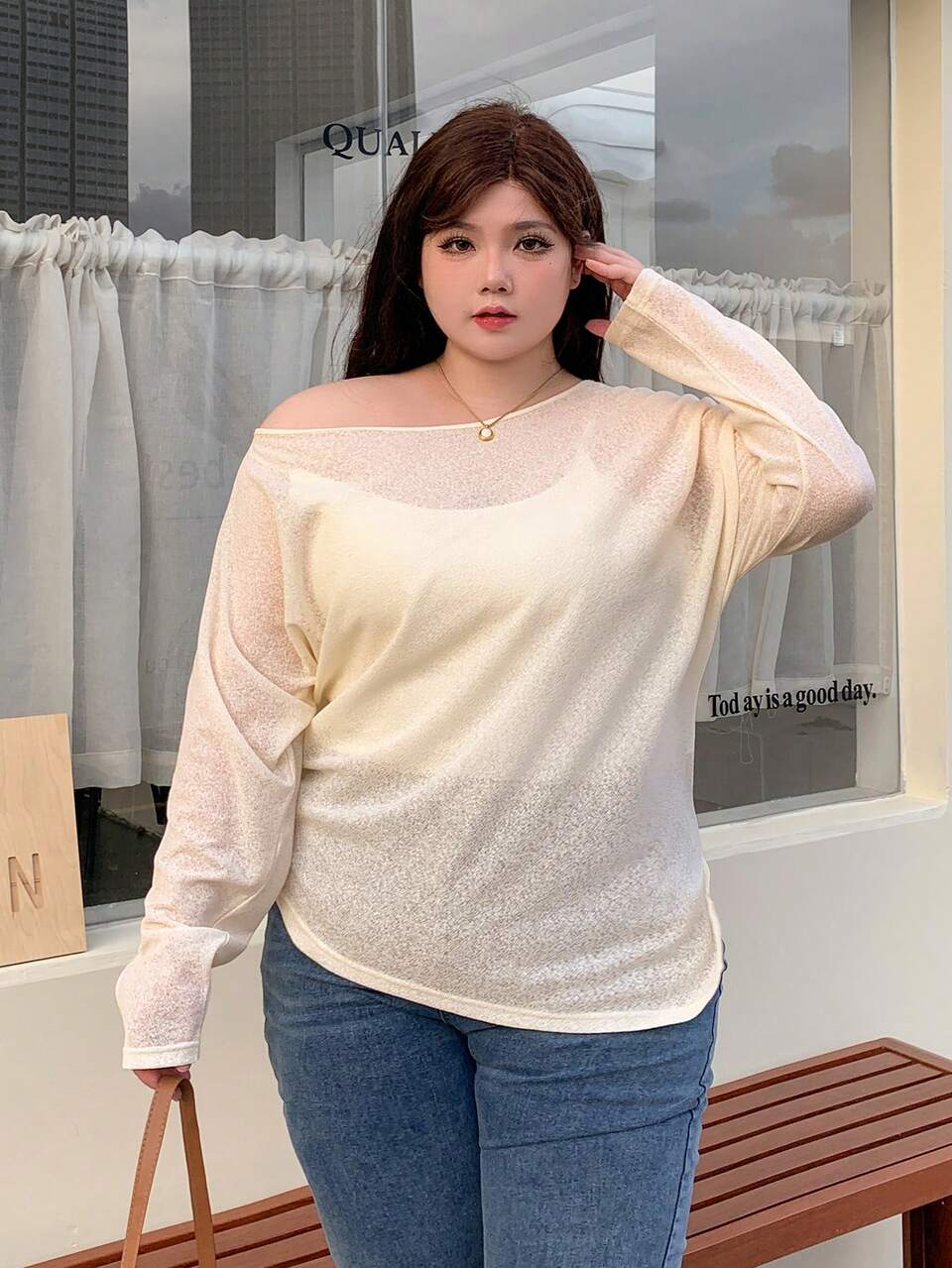 Dazy Plus Plus Size Solid Color Asymmetric Shoulder T-Shirt Sheer Long Sleeve Women Tops Off The Shoulder Cover Ups For Swimwear