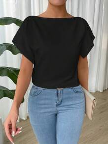 SHEIN LUNE 女士夏季純色短袖百褶休閒襯衫 - 黑色 - 查看 5