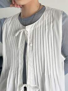 FRIFUL Women Summer Solid Color Front Tie Pleated Sleeveless Loose Shirt - White - View 6