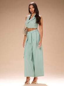 SHEIN BAE 浅绿色开心果套装背心 女士交叉露背细节无袖背心 - 綠色 - 查看 3