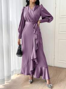 Modelyn Women's Solid Color Elegant Ruffled Hem Long Sleeve Dress Long Evening Dresses