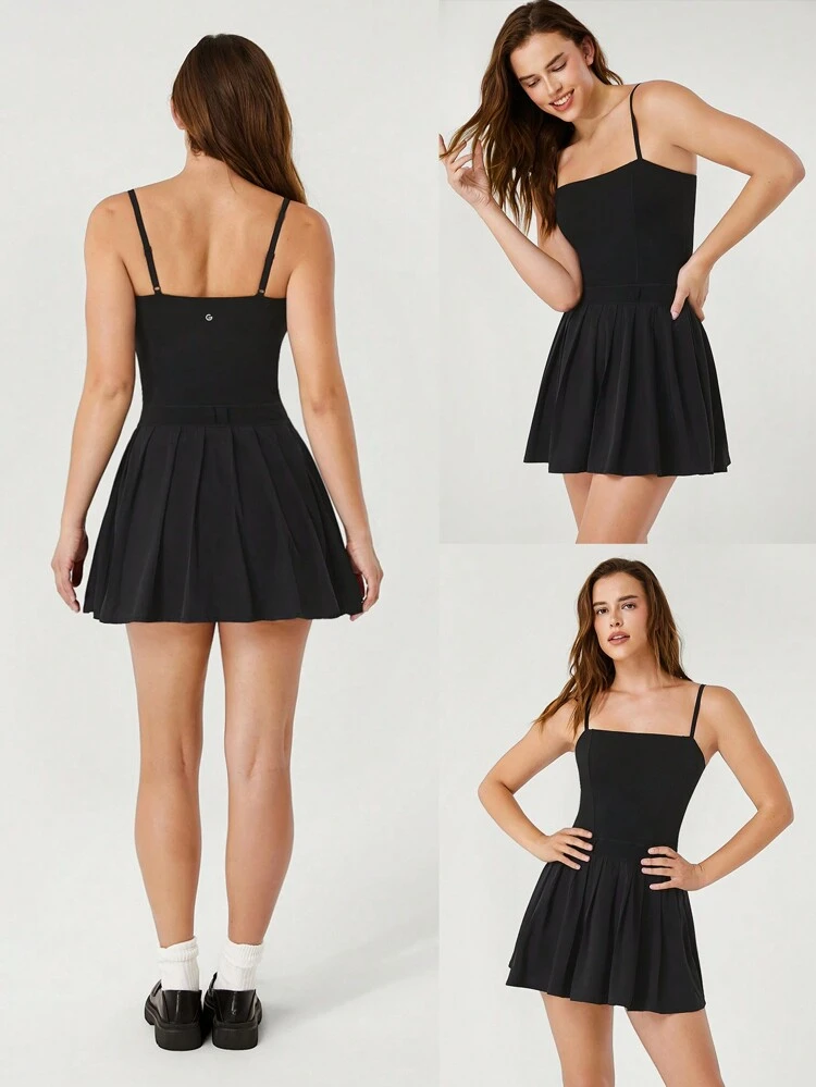 Robe à encolure carrée plissée avec boucle de ceinture et short intégré, amovible, coupelle, style casual quotidien Peekaboo FeatherFit™-Air