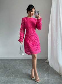 Elenzga Đầm ren tay phồng màu trơn thanh lịch có cổ cao kiểu chữ A dài tay dành cho nữ - Màu Hồng Tươi - Xem 3