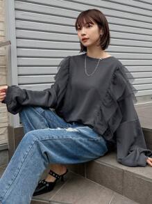 FRIFUL Women's Oversized Tulle Patchwork Fleece Sweatshirt,Long Sleeve Tops,Fall Women Clothes,Winter