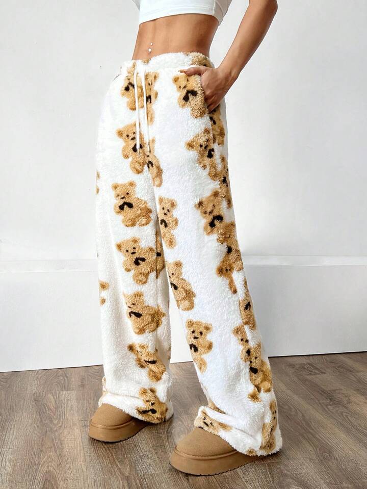 SHEIN EZwear Women's Fuzzy Bear Print Drawstring Straight Leg Pants