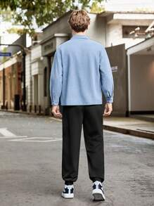 SHEIN 2 件青少年男孩休闲套装，纯色长袖衬衫，字母印花短袖 T 恤和裤子，春夏 - 彩色 - 查看 2