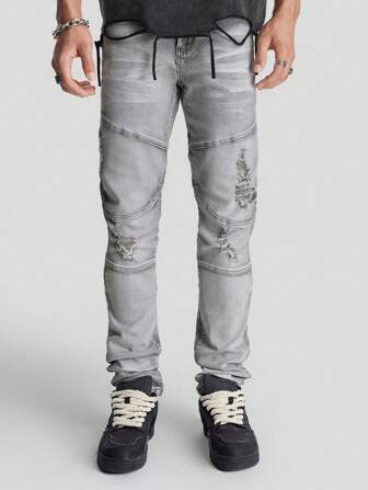 Manfinity Roghcode Blugi pentru bărbați, gri super-deschis, învechiți, skinny, blugi răzuiți, simpli, slim, blugi lungi, gri deschis, pentru cadouri pentru soț, iubit