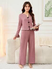 SHEIN Leap Crew 2 件装春秋季青少年女孩 V 领短袖上衣和裤子睡衣套装带蝴蝶结装饰 - 粉色 - 查看 1