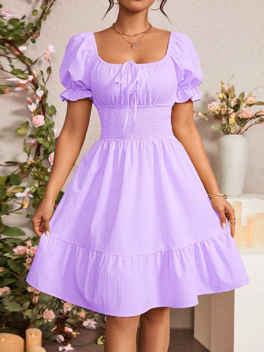 Rafferiza Women Square Neck Ruched Ruched Hem Elegant Dress - Mauve Purple - View 1