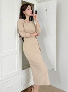 DAZY Women's Solid Color Wrap Around Waist Tie Long Sleeve Dress, Elegant Design For Spring And Fall - Khaki - View 5