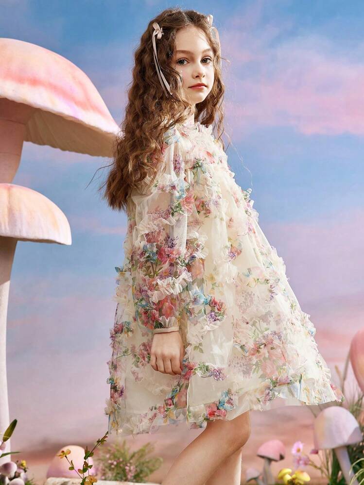 ASK JUNIOR فستان بمظهر ثلاثي الأبعاد من الشبكة وزخرفة زهرية للبنات المراهقات، فستان أميرة كاجوال - متعدد الألوان - مشاهدة 8