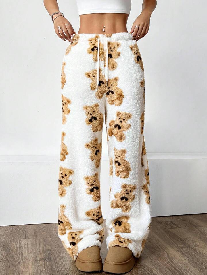 SHEIN EZwear Women's Fuzzy Bear Print Drawstring Straight Leg Pants