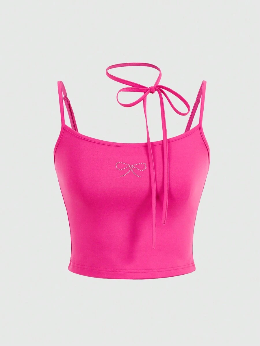 SHEINNeu Kawaii Sweet Summer Pink Bow Hot Rhinestone Lace White Versatile And Basic Camisole - Hot Pink - View 1