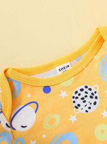 4pcs/Set Newborn Baby Boy Cute Cartoon Rocket & Satellite Print Bodysuit, Pants, Hat & Gloves Outfit, Spring/Fall - Yellow - View 8
