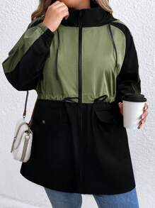 SHEIN LUNE Plus Size Military Green Patchwork Outdoor Casual Cinched Waist Fashionable Jacket Winter Fall Autumn - Multicolor - View 5